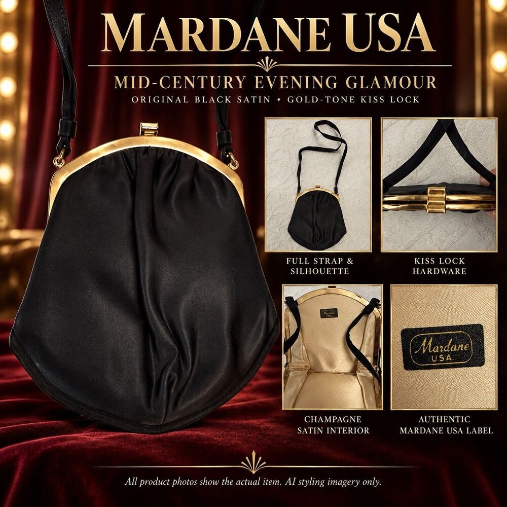 EUC VTG 50s Mardane Black & Gold Satin Evening Old Hollywood Kiss Lock Purse